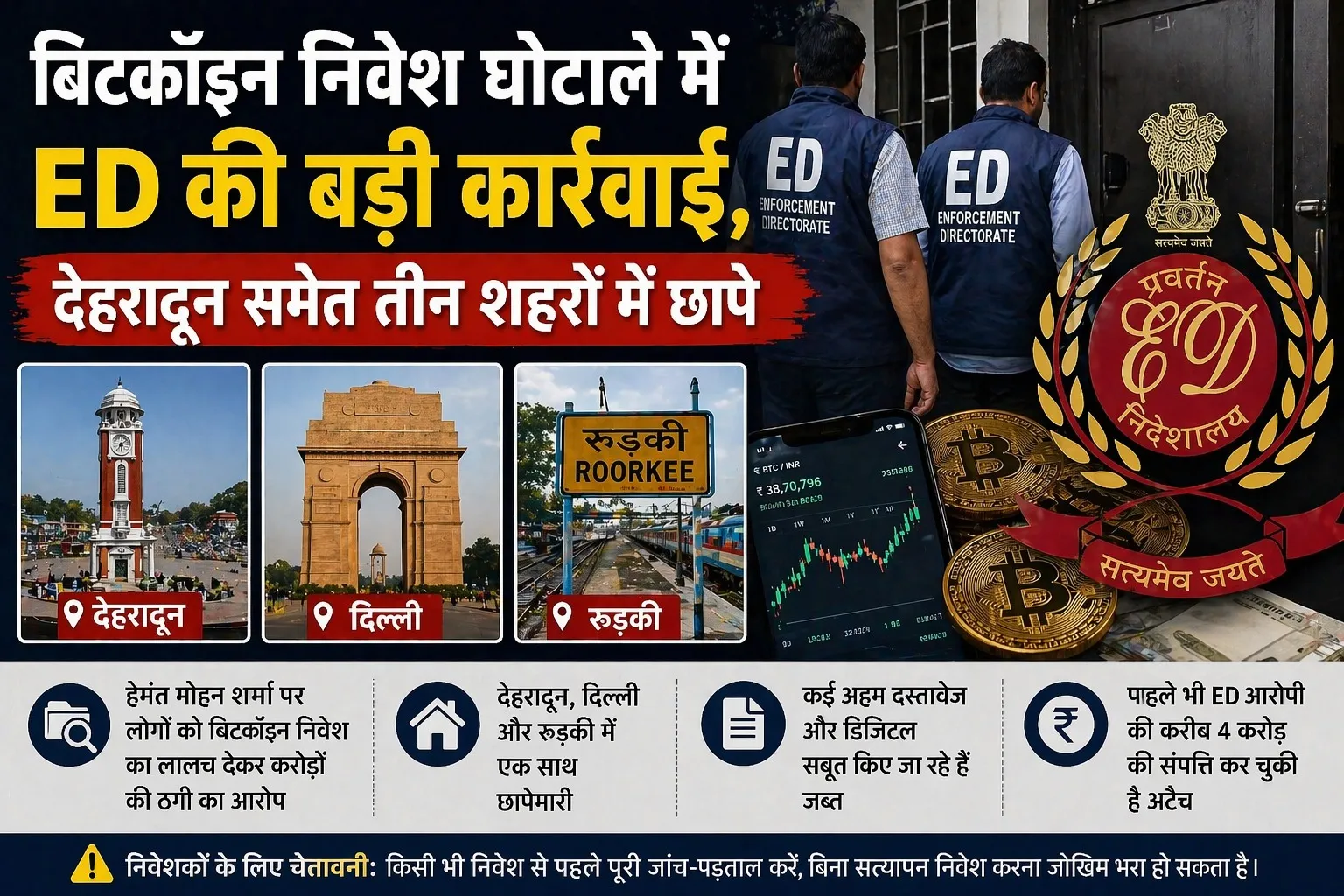 बिटकॉइन निवेश घोटाले में ED की बड़ी कार्रवाई, देहरादून समेत तीन शहरों में छापे